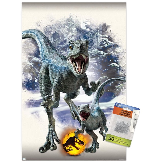 Monde Jurassique : Dominion - Affiche Murale Bleue et Beta Focus, 14,725 Po x 22,375 Po Encadrée, Représentant Deux Vélociraptors Bleus à Bouche Ouverte dans une Forêt Enneigée, l'Un Tenant une Boule orange Lumineuse avec une silhouette de Dinosaure, Convient à la Décoration Murale de Chambre Ou de Bureau avec Punaises Transparentes Incluses pour une Suspension Facile.