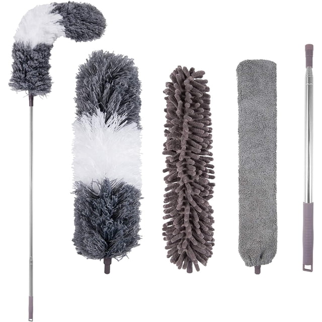 Extendable & Bendable Microfiber Duster by Dutchman, featuring a set of washable mini dusters. The image shows a grey and white extendable duster with a bendable head, a chenille microfiber duster, a flat microfiber duster, and a telescopic handle with a purple grip. Ideal for efficient and effortless cleaning of hard-to-reach areas.