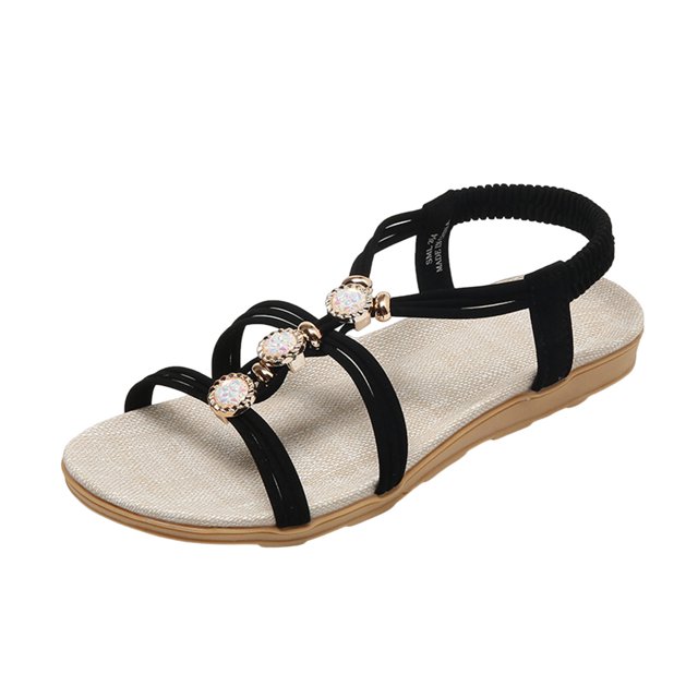 Kcodviy Ladies Suede Rhinestone Elastic Furry Sandals Women Band Open Toe Flat Comfort Sandals for Women Roman Sandals