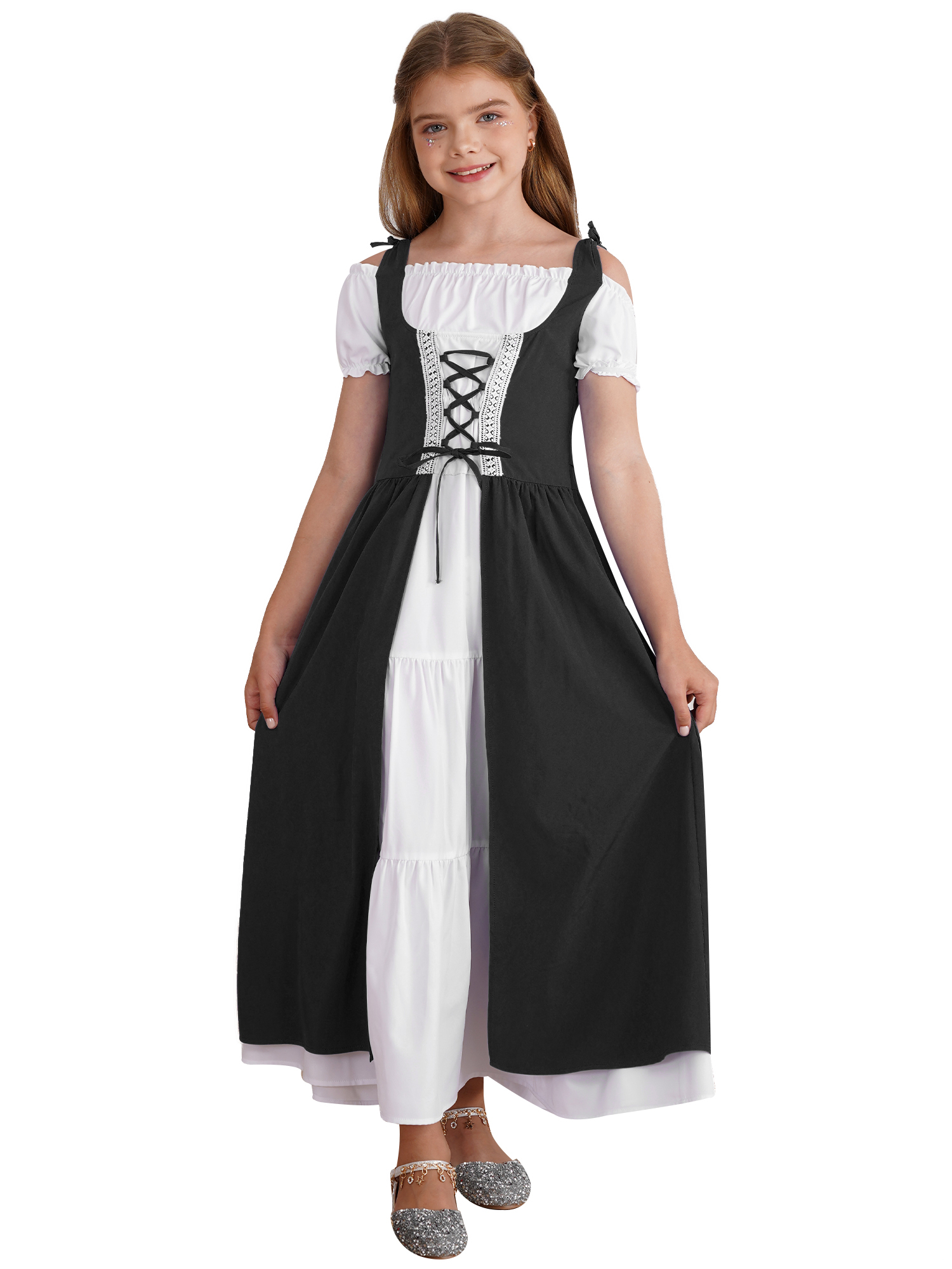Mufeng Robe Vintage Renaissance Médiévale pour Filles Robe en Velours Robe de Fête Cosplay Halloween Noire 8