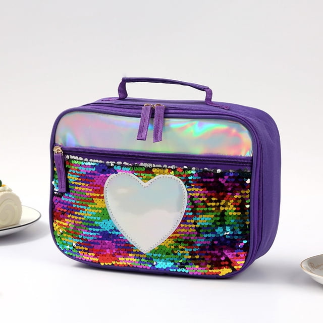 SuoKom Lunch Bag for women, designed for outdoor picnics, featuring a multicolour sequin exterior with a heart-shaped detail on the front. The bag includes a purple handle and zipper, with an aluminum film insulation interior to maintain food temperature. Dimensions are 27x21x11cm (10.62x8.26x4.33 inches).