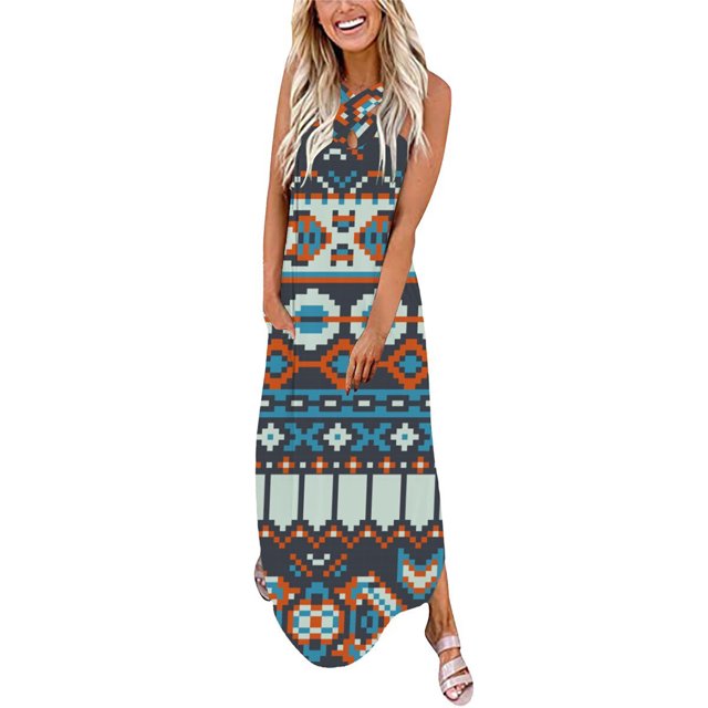 Birdeem Robe Longue Décontractée pour Femme à Col en V Sans Manches Imprimée, Coupe Ample, Style Camisole, Longue Robe+poche