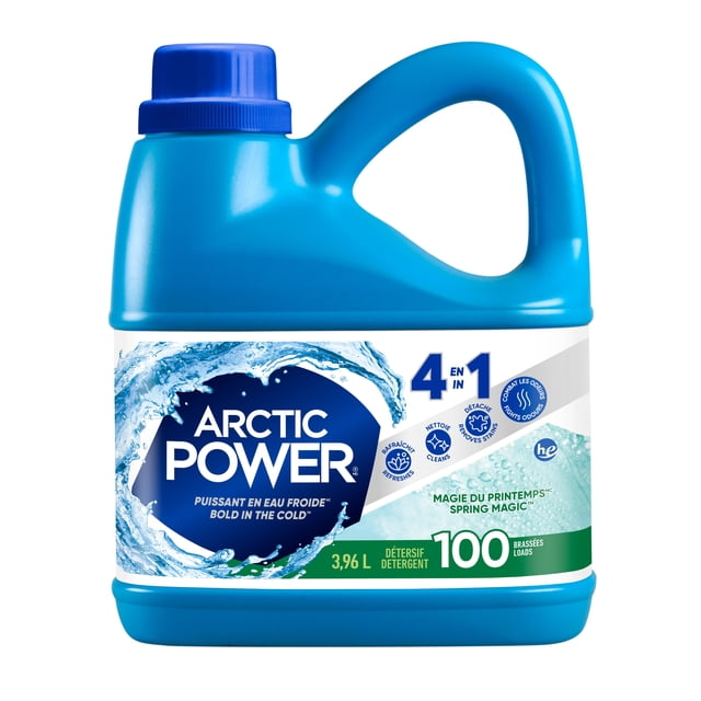 Arctic Power Spring Magic Liquid Laundry Detergent in a 3.96 L blue plastic jug with handle and screw cap, featuring a label with water splash graphics and 4-in-1 formula that refreshes, cleans, removes stains, and fights odours, effective in cold water and suitable for HE and standard machines, providing 100 loads.