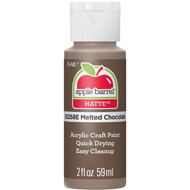 Apple Barrel Colors Matte Acrylic Craft Paint, 2 fl. oz., Melted Chocolate, in a front-facing bottle with a white flip-top cap and matte brown label featuring the Apple Barrel red apple logo, quick drying, and easy cleanup, suitable for arts and crafts on wood, paper, canvas, and Styrofoam.