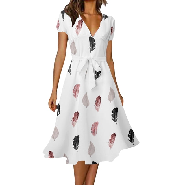 MAWCLOS Robe Midi Longue pour Femme en Blanc avec un Motif floral Bohème, Comprenant un Col en V, des Manches Courtes et un Détail de Lien à Taille Haute. Fabriquée en polyester Léger, Cette Robe d'Été Décontractée et Évasée Est Parfaite pour les Sorties d'Été à la Plage, les Vacances, les Fêtes et le Quotidien.