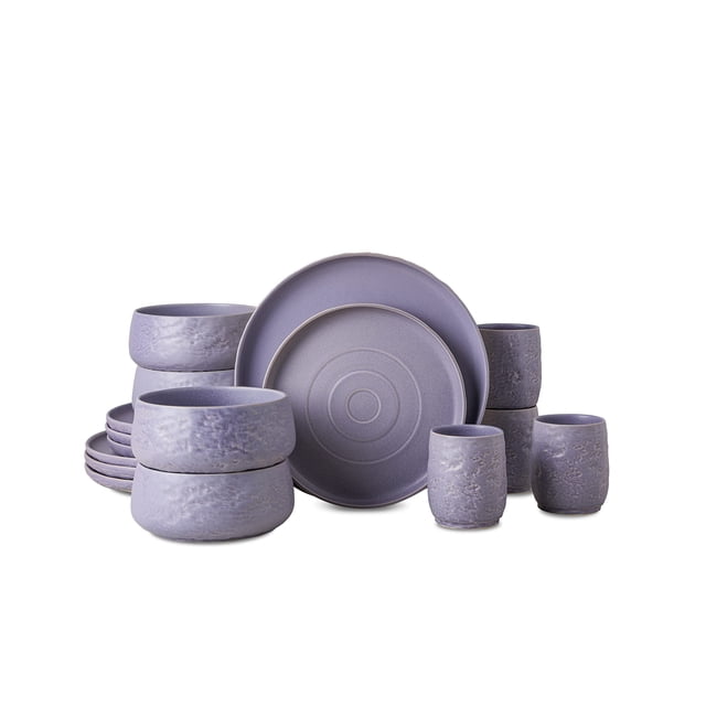 Stone by Mercer Project SHOSAI 16-Piece Stoneware Dinnerware Set, Plates and Bowls Set, Modern Dishware set fo 4, Lavender