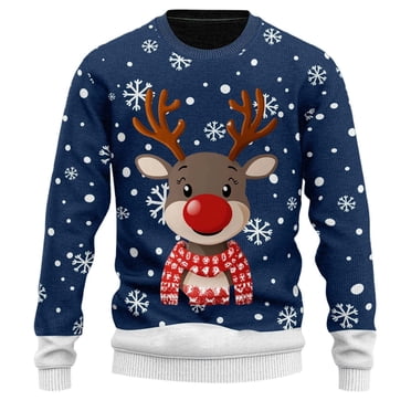 LUOGENLI Mens Sweaters Casual Zip Christmas Reindeer Print Knit Turtleneck Hoodie Cozy & Stylish Holiday Sweater Men Christmas Sweater Vest Dark Blue Size XXXL