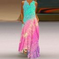 thumbnail image 2 of Dvkptbk Women's Summer Robe Maxi Sans Manches d'Été à Col en V Décontractée Boho, Robe Soleil, Ourlet à Imprimé Dégradé, Longue, Style Piste, Robes de Plage, 2 of 5