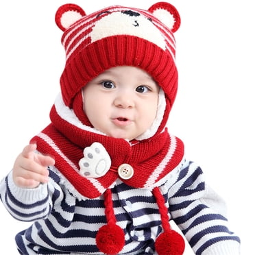 Fgnfyis Tuque d'Hiver Bébé Garçon Fille Tout-Petit Bonnet Oreilles d'Ours Tuque avec Foulard Doublée Bonnet Tricoté Cache-Cou pour Enfants 2 Pcs Rouge Taille Unique