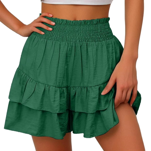 Timegard Wide Leg Shorts for Women Elastic Waisted Smocked Ruffle Bottom Flowy Lounge Shorts Beach Wear
