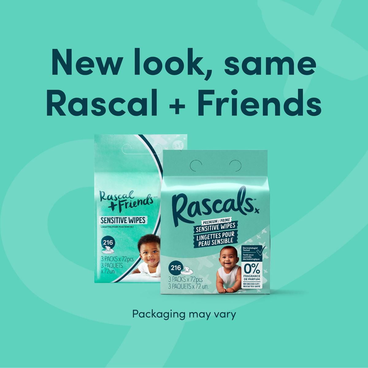 Lingettes Rascals Sensibles pour Bébés, Sans Parfum, emballage individuel Paquet simple (72 lingettes)