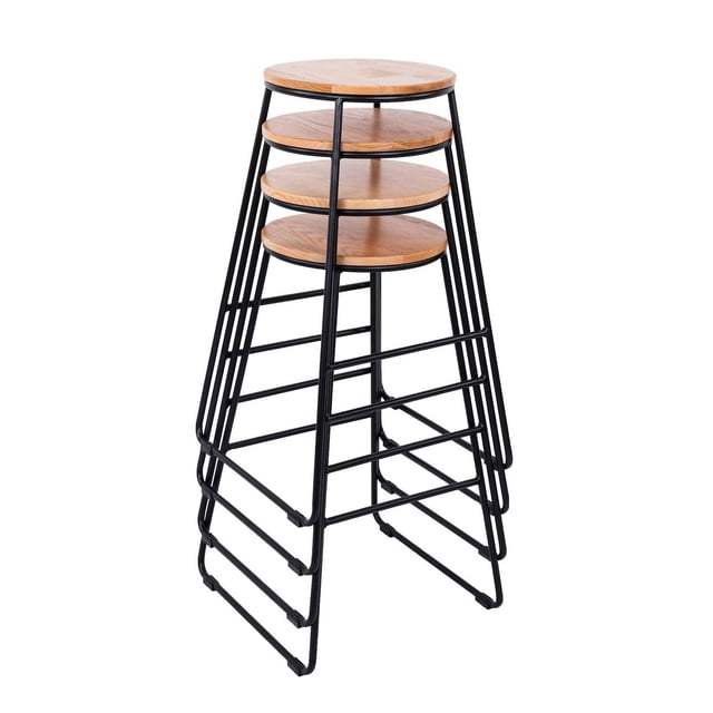 Mainstays 28"H Backless Stool - Black Metal Base with Natural Wood Seat - Stacking Set of 4