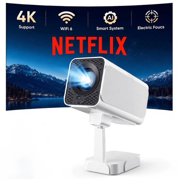 [Built in Netflix app] Smart Projector with WiFi and Bluetooth, 4K  Support, Electric Focus & Auto Keystone, Rotatable & Height-Adjustable Stand, Max 250" Screen for World Cup
