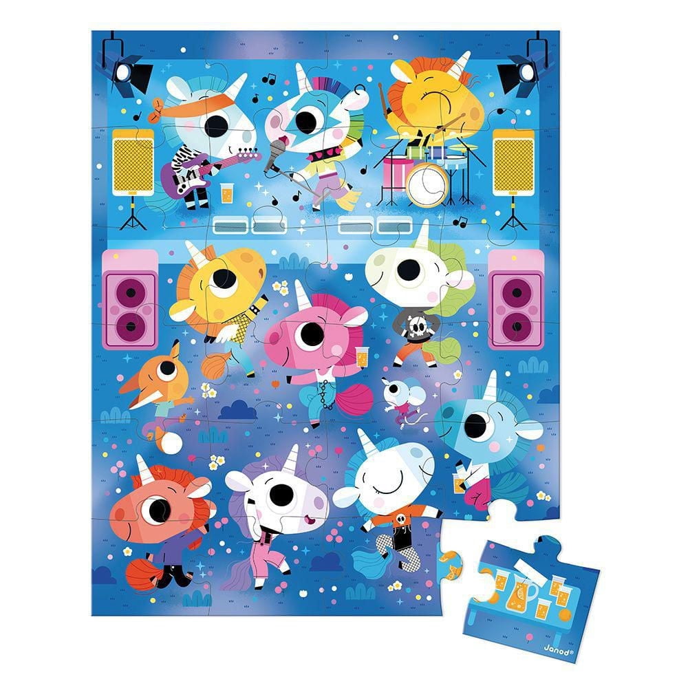 Janod - Puzzle - Concert de Rock des Licornes - 24 Pièces - Taille 50 x 40 cm - Paillettes - Poster Modèle Inclus - Apprentissage Précoce - Compétences Motrices Fines - Pour Enfants à partir de 3 Ans