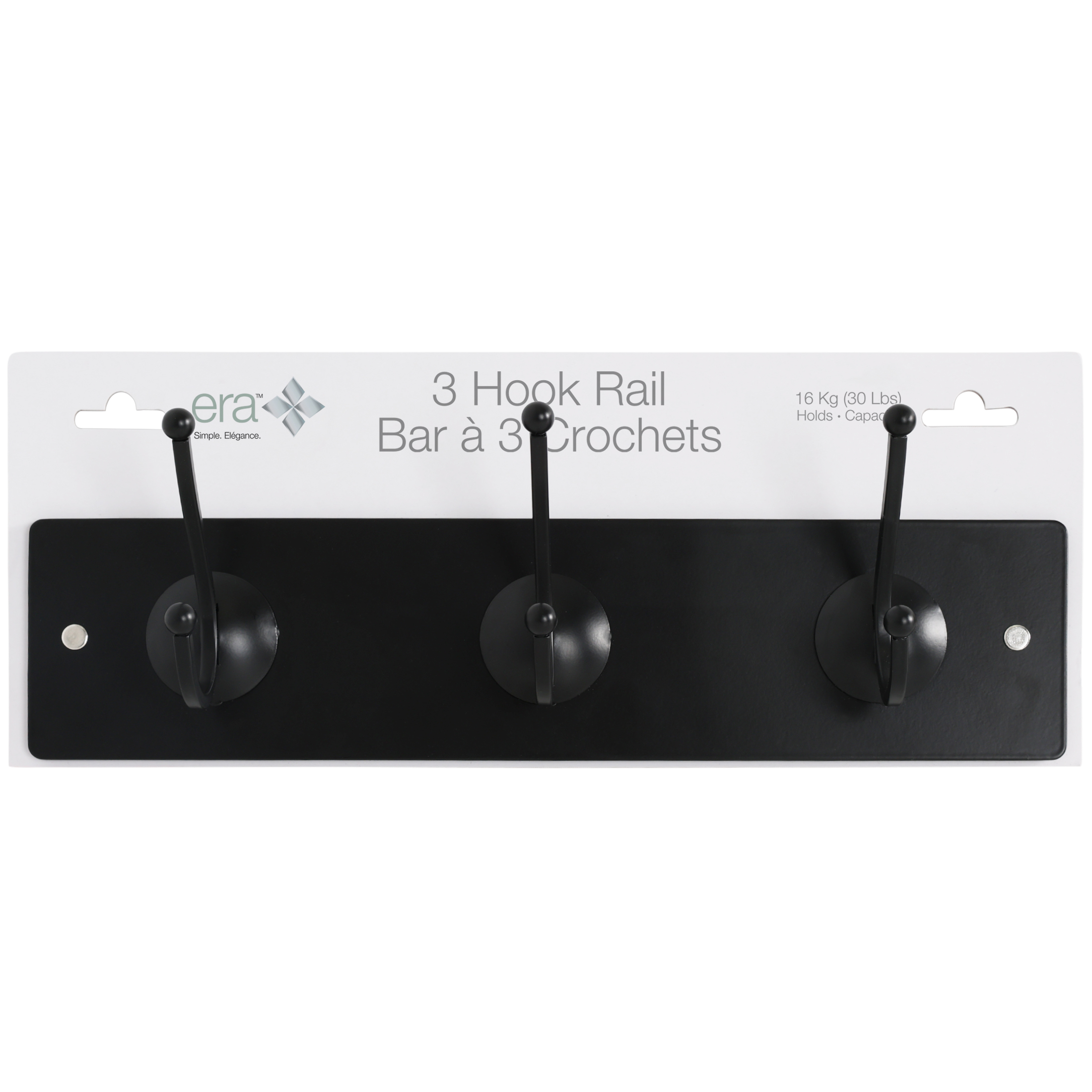 Era Classic 3 Peg Rail; Metal Wall Mount Rail, Traditional Space-Saving Storage Organizer for  Clothes, Hats, Coat, Bathrobe, Black