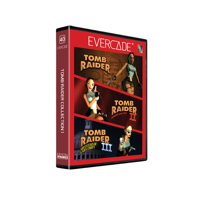 Evercade EXP-R Retro Gaming Console Tomb Raider Collection 1 cartridge box displaying cover art for Tomb Raider I, II, and III with 3D Lara Croft characters holding pistols on a red background, compatible with all Evercade cartridges.