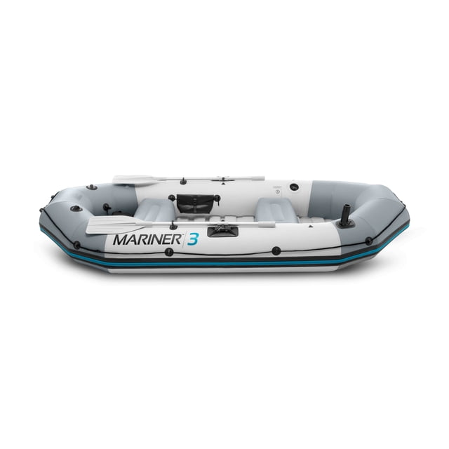 Intex Mariner Ensemble de 3 Bateaux Bateau Gonflable en Blanc et Gris avec Garniture Bleue, Comprenant Deux Sièges Gonflables, Deux Rames en Aluminium de 54 Pouces avec Verrous de Rame Rotatifs, Porte-Cannes à Pêche, Raccords de Montage de Moteur et Revêtement de Sol en Plastique Extrudé Robuste, Fabriqué en PVC Renforcé à Trois Couches pour la Durabilité et la Stabilité, Conçu pour Trois Adultes et Convient à la Navigation de Plaisance Ou à la Pêche.