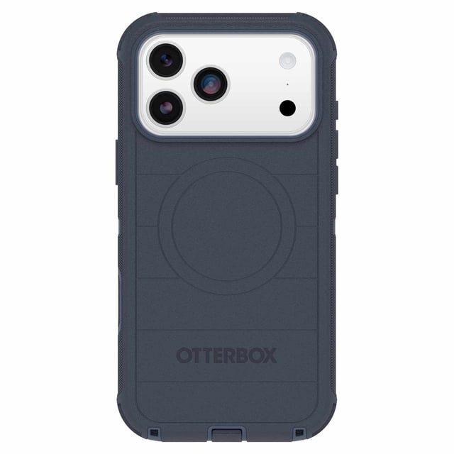 OtterBox Étui Defender Pro MagSafe avec Contrôle de Caméra Riverside (Bleu) pour iPhone 17 Pro Max, Vue Arrière Montrant un Étui Protecteur Bleu Foncé à Trois Couches avec Étui Extérieure en silicone Texturé, Étui Intérieure Rigide, Dos en Mousse Mémoire, Aimant MagSafe Circulaire, Coins Renforcés et Découpe Précise de la Caméra pour triple Objectifs et flash, Conçu pour une Prise Améliorée et une protection Militaire contre les Chutes 7X.