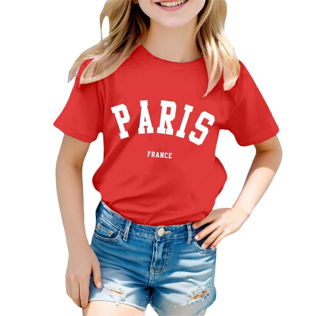 PMVFHDE Hauts Fille T-Shirts d'Été pour Fille 2025 T-Shirts Filles Hauts Graphiques pour Fille T-Shirts d'Été Tendance pour Fille Coupe Ample Garçon et Fille Imprimé Col Rond T-Shirt à Manches Courtes Ample Rouge, 5-6 Ans