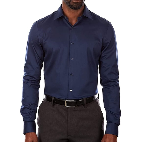 Van Heusen Mens Dress Shirt Slim Fit Flex Collar Stretch Solid 18 Neck 32-33 Sleeve Night Blue