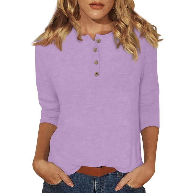 DENGDENG Womens Tops 3/4 Sleeve Plus Size Button Down Elbow Tshirts Round Neck Summer Casual Tunic Tops Solid Color Three Quarter Length Shirts Fashion 2025 Work Blouses Light Purple 3XL