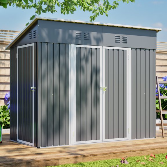 Noble House 8x4FT Outdoor Metal Storage Shed,3-Door Garden Tool Shed with Sloping Roof,Waterproof UV Resistant,Yard Patio,Gray