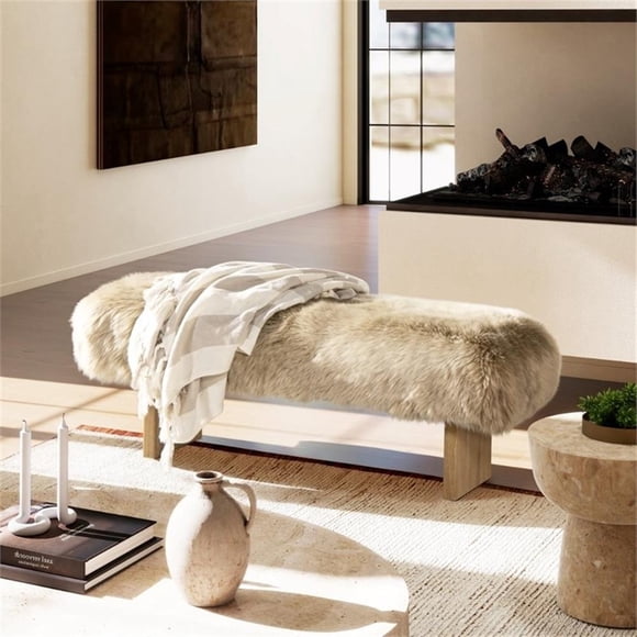 Leda 49" Sheepskin Fur Rectangular Accent Bench Natural Blonde Genuine Fur