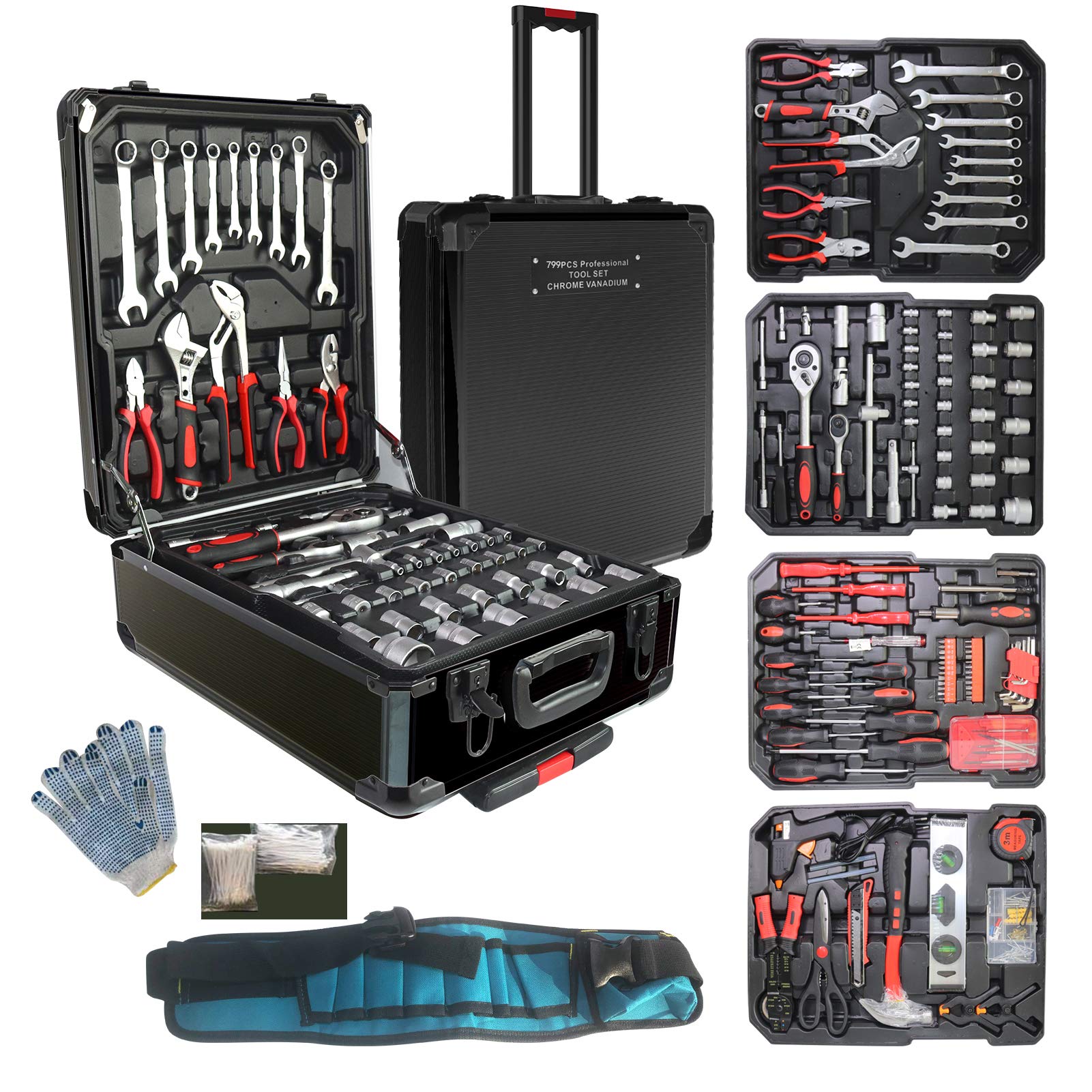 Arcwares 799pcs Aluminum Trolley Case Tool Set Silver House Repair Kit Set Household Hand Tool Set with Tool Belt Gift on Father's Day (Black)