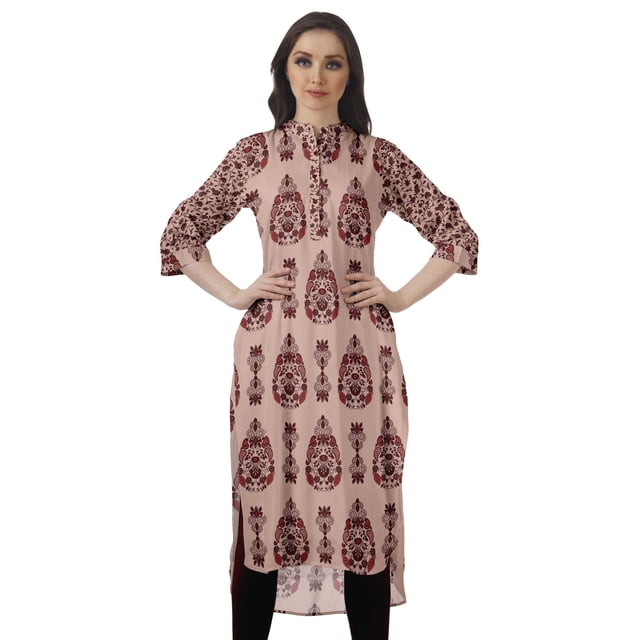 Moomaya Kurta d'Été en Coton Longueur Genou Imprimé Manches Retroussables Kurtis pour Femmes