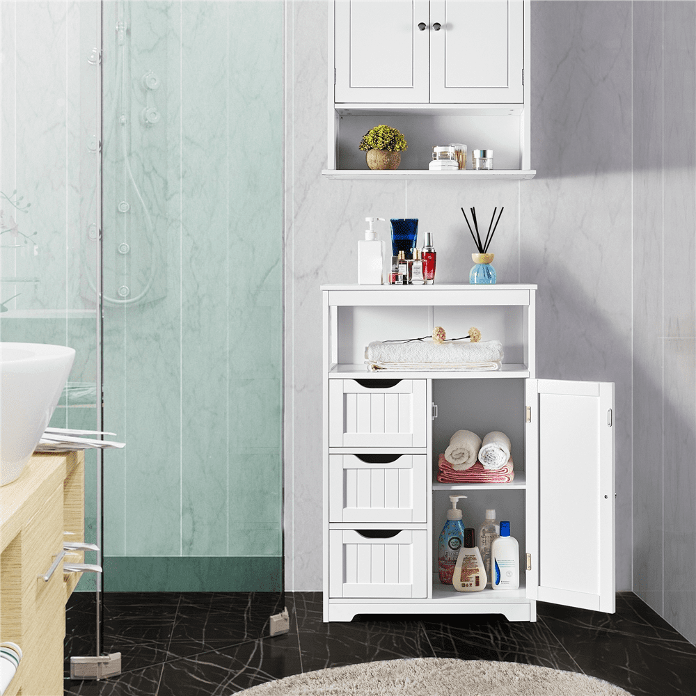 FullFurnique Armoire de Rangement Autoportante en Bois pour Salle de Bain avec Tiroirs, Blanc
