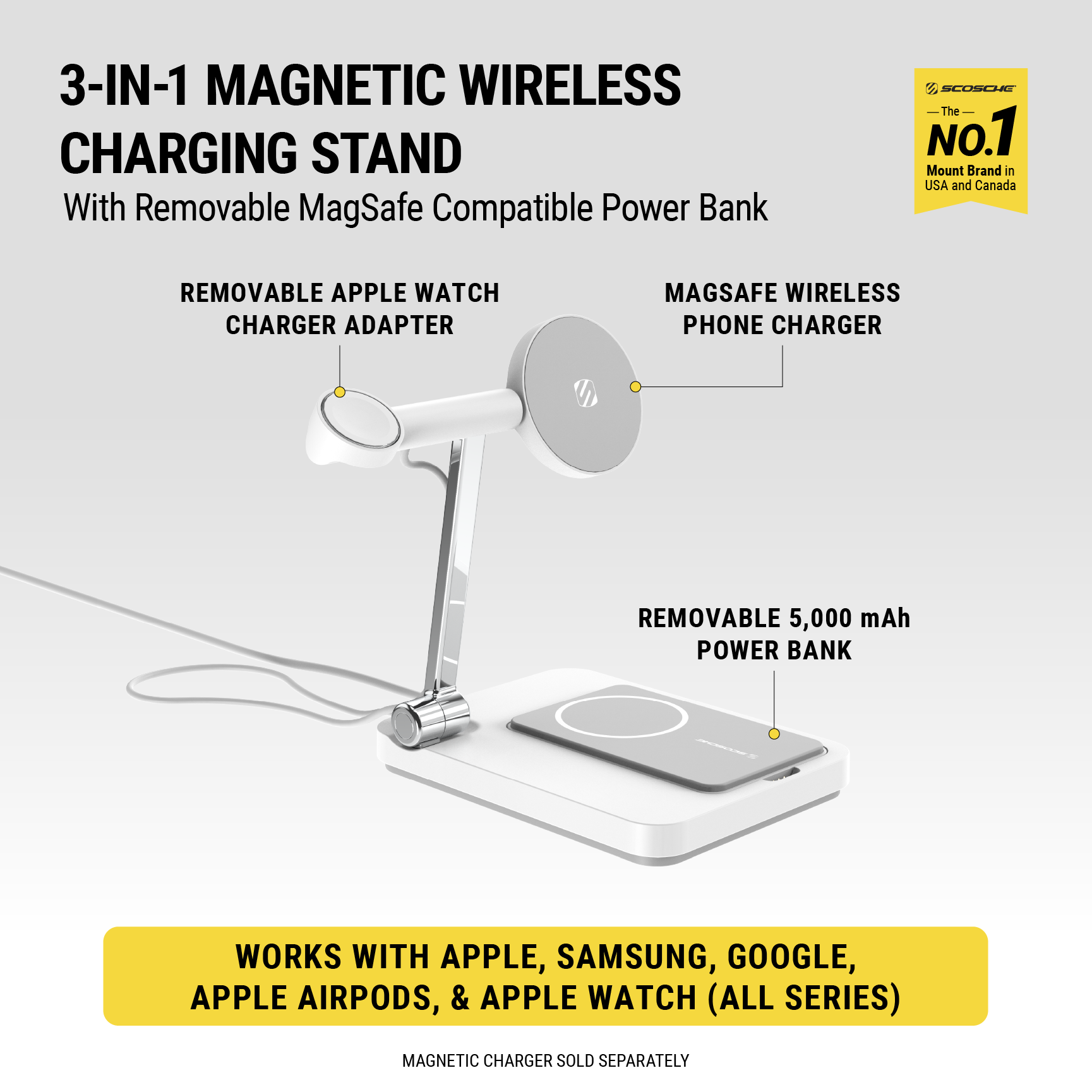 Sco Poste de recharge sans fil magnetique 3-en-1 avec chargeur mobile amovible