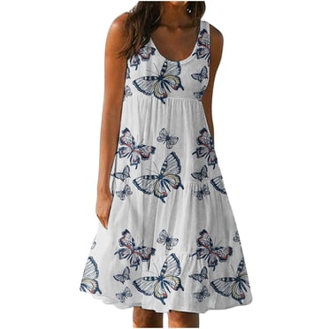 TopLLC Robe d'Été pour Femme Boho Décontractée Sans Manches à Col Ras du Cou Smockée Robe Soleil Florale à Volants Évasée en A Plage Midi