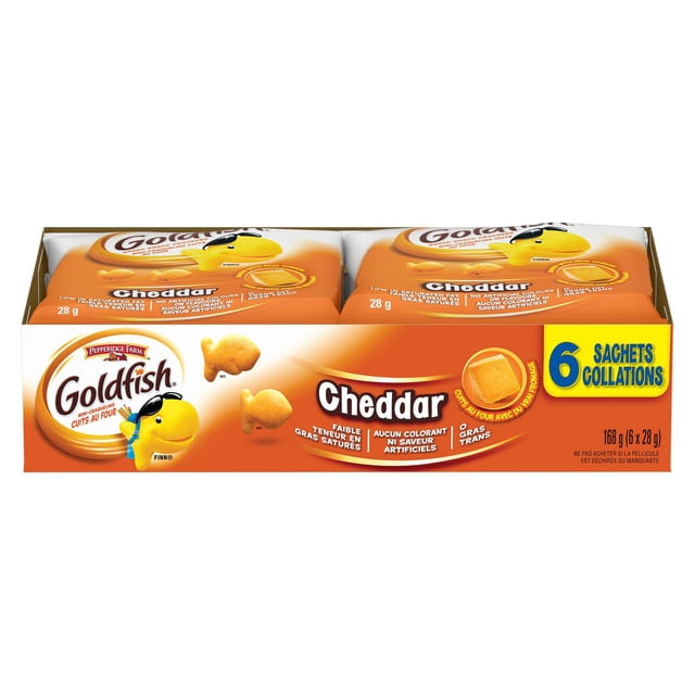 Goldfish® Cheddar Crackers Snack Packs, 6 x 28g snack packs in an orange box featuring the Goldfish logo with a yellow fish mascot, cheddar cheese illustration, and text highlighting no artificial colours or flavours, low saturated fat, and zero trans fat, ideal for lunchboxes or on-the-go snacking.