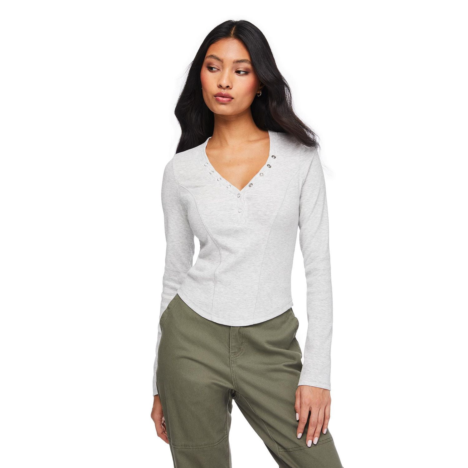 No Boundaries Women's Long-Sleeve Henley T-Shirt