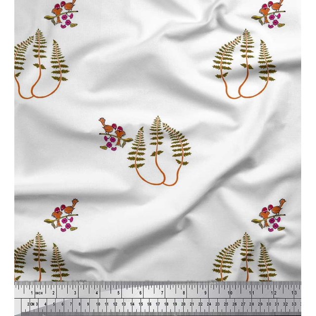 Soimoi Modal Satin Fabric Leaves,Bird & Floral Block Decor Fabric Printed Yard 42 Inch Wide