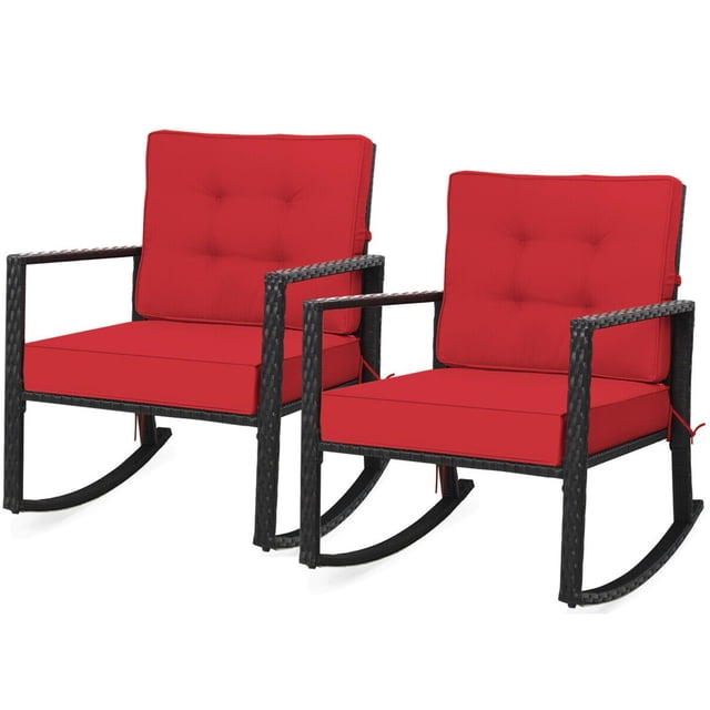 Gymax 2 Pcs Chaise Berçante d'Extérieur en Osier pour Patio, Fauteuil Simple en Rotin à Bascule avec Coussin Rouge