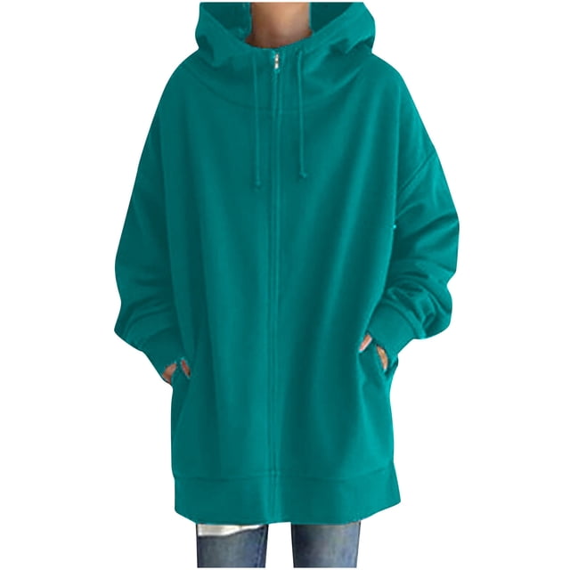 Womens Solid Color Hoodie Zipper Long Sleeve Sweatshirts Pockets Long Coat Tops