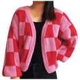 thumbnail image 1 of Womens Cardigan Sweaters V Neck Plaid Short Sleeve Casual, 1 of 8
