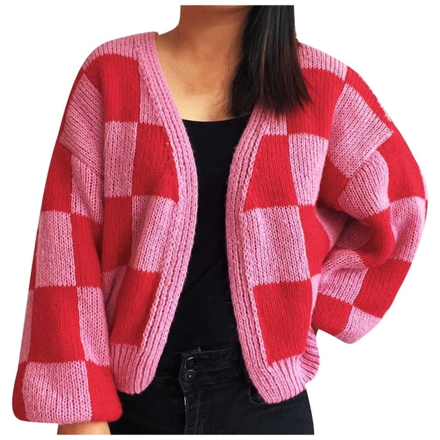 Womens Cardigan Sweaters V Neck Plaid Short Sleeve Casual