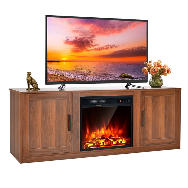 Costway Meuble Télé Foyer de 58 Pouces Console de Divertissement Fini Café avec insert de Foyer Électrique de 18 Pouces. la Console Présente un Grand Dessus de Table Adapté aux Téléviseurs jusqu'à 65 Pouces, Deux Armoires Latérales Fermées avec Tablettes Ajustables, et un Foyer Électrique central avec Flammes Réalistes et 5 Niveaux de Luminosité. la construction en Bois d'Ingénierie Supporte jusqu'à 140 Lb sur le Dessus de Table et 20 Lb par Tablette. le Foyer Électrique Offre des Réglages de Chaleur de 750 W et 1500 W, Chauffage jusqu'à 400 Pieds Carrés, et Peut Être Utilisé avec Ou Sans Chaleur.