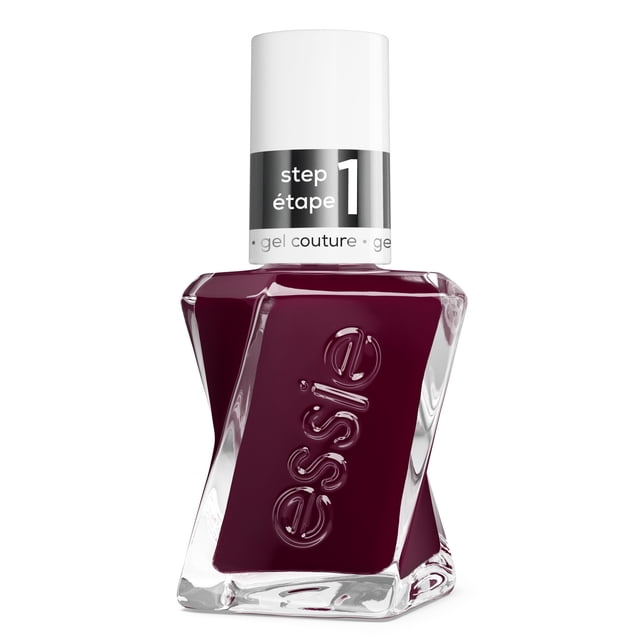 gel couture by essie gel-like longwear nail polish in deep berry colour in a twisted clear glass bottle with white cap labeled step 1, offering up to 15 days of gel-like wear without UV light, 8-free vegan formula, and easy removal like regular polish, ideal for durable, vibrant nail colour
