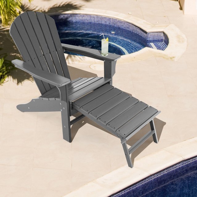 Gymax Chaise Adirondack de Patio en HDPE Chaise Longue d'Extérieur avec Ottoman Rétractable Gris