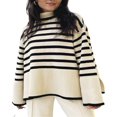 thumbnail image 1 of Women‘s Mock neck Sweaters Casual Long Sleeves Striped Print Color Block/Solid Color Side Split Loose Fit Knitted Tops, 1 of 9