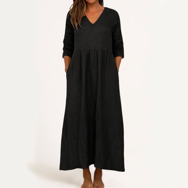 TIMIFIS Robes d'Été pour Femmes Couleur Unie Col en V Manches 3/4 Longue Robe Décontractée Coupe Ample Taille Haute Maxi Fluide avec Poches