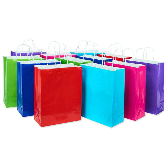 American Greetings 13" large gift bags, 12-count set of multicolored solid paper bags with white twisted handles in red, blue, pink, purple, green, and navy, measuring 17.5 by 11.38 inches, perfect for party favors, treats, and prizes at birthdays and graduations, also suitable for small gift storage.