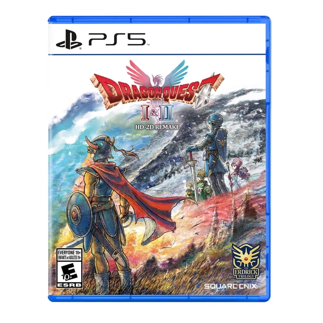 Dragon Quest I & II HD-2D Remake PlayStation 5 game case featuring two armored warriors with shields and swords overlooking a vibrant fantasy landscape with mountains and sky, Mising HD-2D pixel art fused with 3D graphics, part of The Erdrick Trilogy by Square Enix.