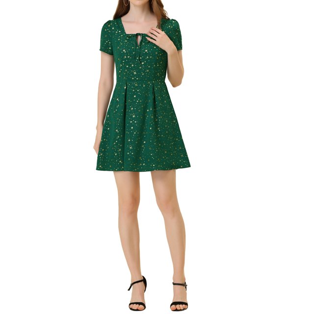 INSPIRE CHIC Women's Printed Square Neck Short Sleeve A-Line Prom Dress S Dark Green-Stars