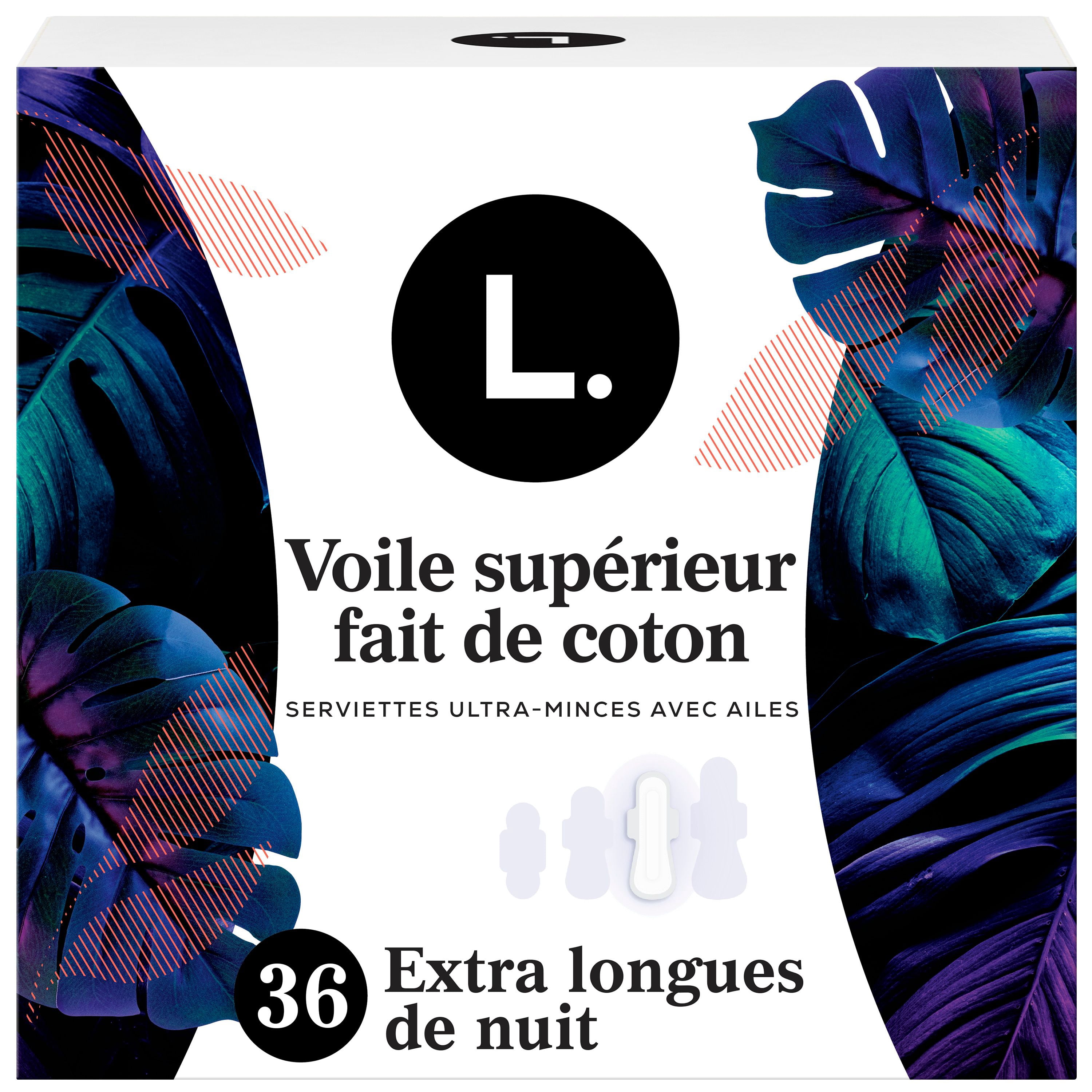 L. Serviettes Ultra-Minces pour Femmes, Voile Supérieur en Coton Biologique, Absorption de Nuit, Serviettes Menstruelles avec Ailes 36 Unités