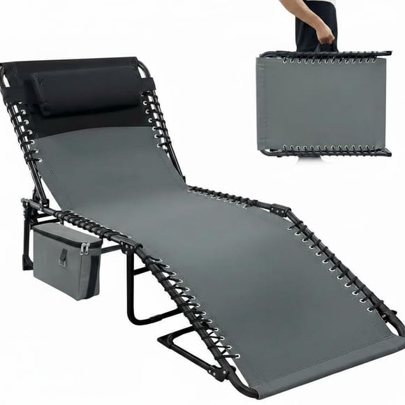 BeesClover Chaise Lounge Chair Outdoor, 5-Position Adjustable Sun Tanning Chair with Carrying Handle and Side Pocket, Folding Bed Cot with Removable Pillow for Garden, Beach, Patio, Pool, Camp