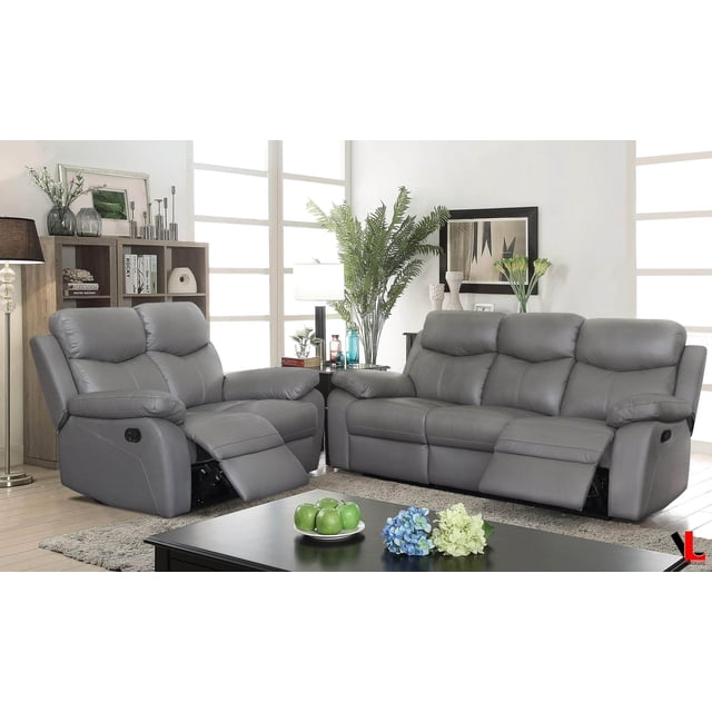 Levoluxe Aveon Ensemble 2 Pcs Canapé Inclinable à Accoudoirs avec Dessus Coussiné et Causeuse en Cuir Assorti (Gris)